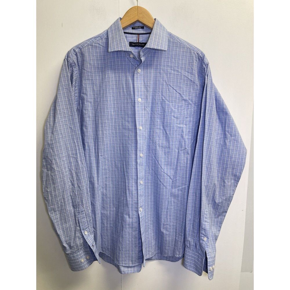 Tommy Hilfiger Button Up Shirt Mens L 16-16.5‎ Wrinkle Free Stretch Blue Plaid